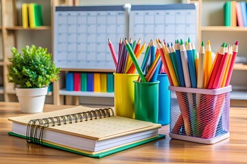 Colorful pens, notebooks, and textbooks are neatly organized on a desk, with a calendar and lesson plans in the background, ready for a new school year.