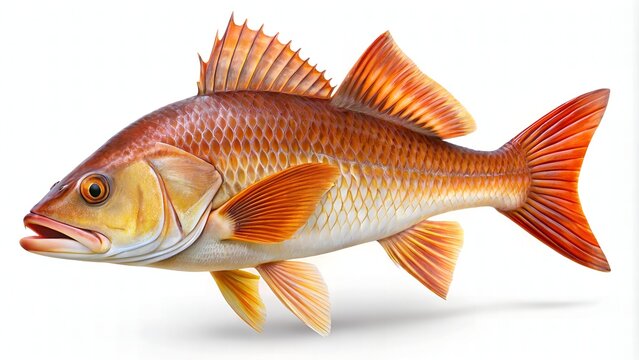 A vibrant redfish with scales glistening, fins flared, and eyes bright, isolated on a pristine white background, showcasing its striking colors and fine details.