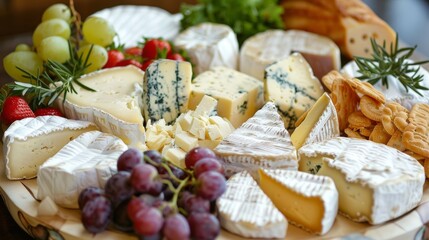 A cheese platter showcases a variety of artisanal cheeses produced from the milk of cows grazing on the farms pastures.