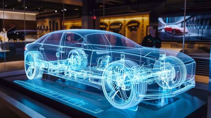 A transparent, blue glowing model of a car on display in a showroom. The cars interior and exterior are visible, highlighting its engine and other components.