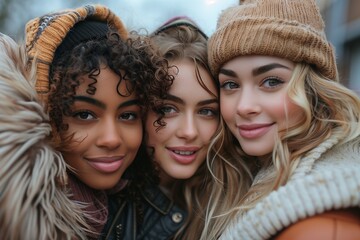Fototapeta premium Three Young Women Smiling Together Outdoors in Winter