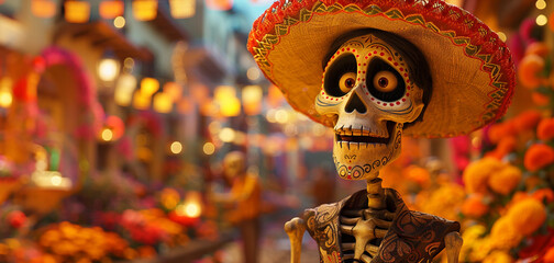 illustration of Mexican dia del Muertos sugar skull with face paint, day of the dead celebration, spooky spanish concept