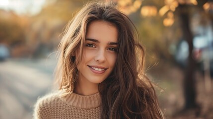 Obraz premium Beautiful young woman with long hair smiling