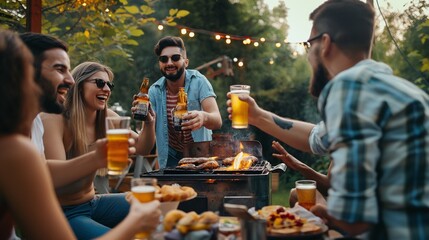 Group of friends having fun and drinking beer together at a barbecue party