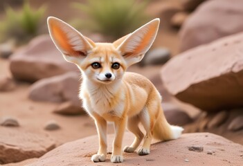 Obraz premium A small orange cute lovely fennec with large pointed ears standing on a rocky ground, looking alert and curious