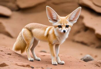 A small orange cute lovely fennec with large pointed ears standing on a rocky ground, looking alert and curious