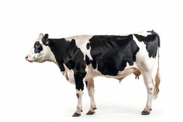 the beside view Holstein Cow standing, left side view, low angle, white copy space on right, isolated on white background
