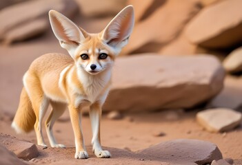 A small orange cute lovely fennec with large pointed ears standing on a rocky ground, looking alert and curious