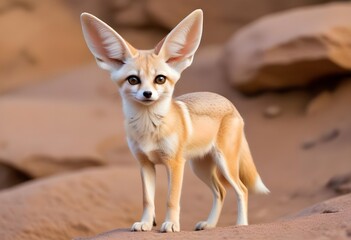 A small orange cute lovely fennec with large pointed ears standing on a rocky ground, looking alert and curious