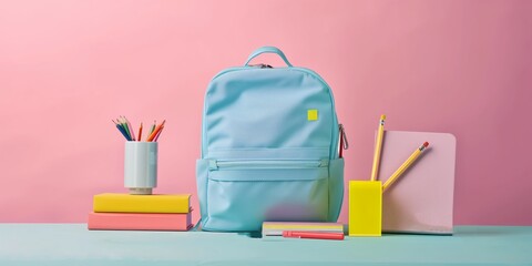 Light Blue Backpack with School Supplies on a Vibrant Pastel Background