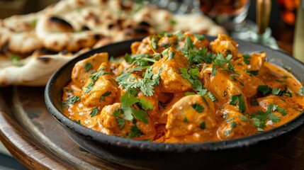 A mouthwatering dish of buttered chicken with naan bread, garnished with fresh coriander and served on a wooden tray.