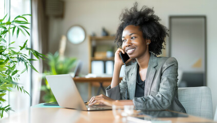 Smiling Businesswoman on Phone Working from Home