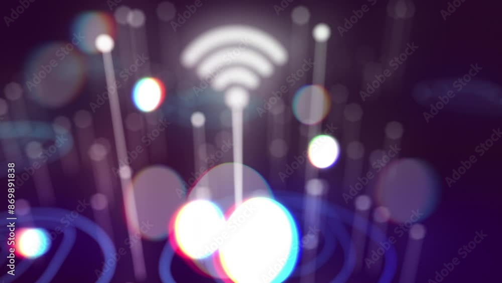 Leinwandbilder Digital, bokeh and technology for internet connection, abstract and data transfer on background. Network lines, online and communication in cyberspace with futuristic particle, dots and wireless iot