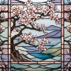 Stained Glass Window Art of a Blooming Tree with Mountains and a River