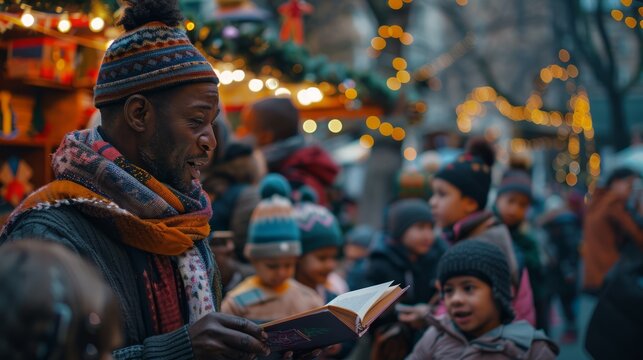 The reader reads multicultural holiday stories to a group of children at the Christmas market, around festive lights and decorations.