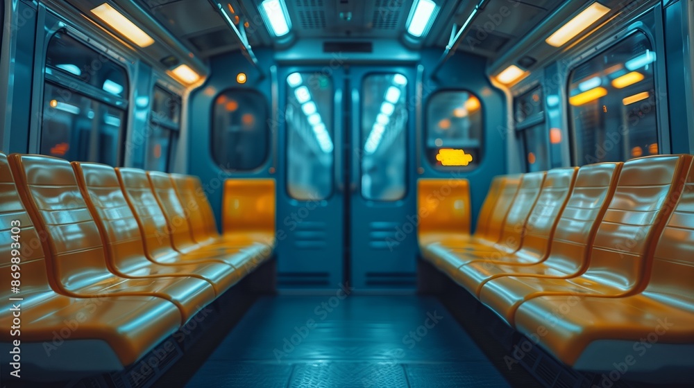 Wall mural empty subway car seats with blue interior and closed doors at night