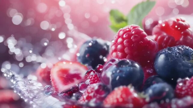 A vibrant image featuring fresh raspberries, blueberries, and strawberries splashing in water. The lively background enhances the freshness and juiciness of the berries. Perfect for health and food