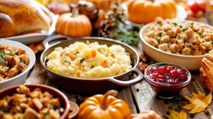 Fototapeta premium Table with traditional Thanksgiving dishes including appetizers, mashed potatoes, cranberry sauce and green bean casserole, garnished with pumpkins