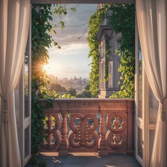 A captivating photograph of an elegant balcony scene during golden hour. The sun casts a warm, golden light over the intricately carve wooden railing and the lush green vines that climb up the balcony