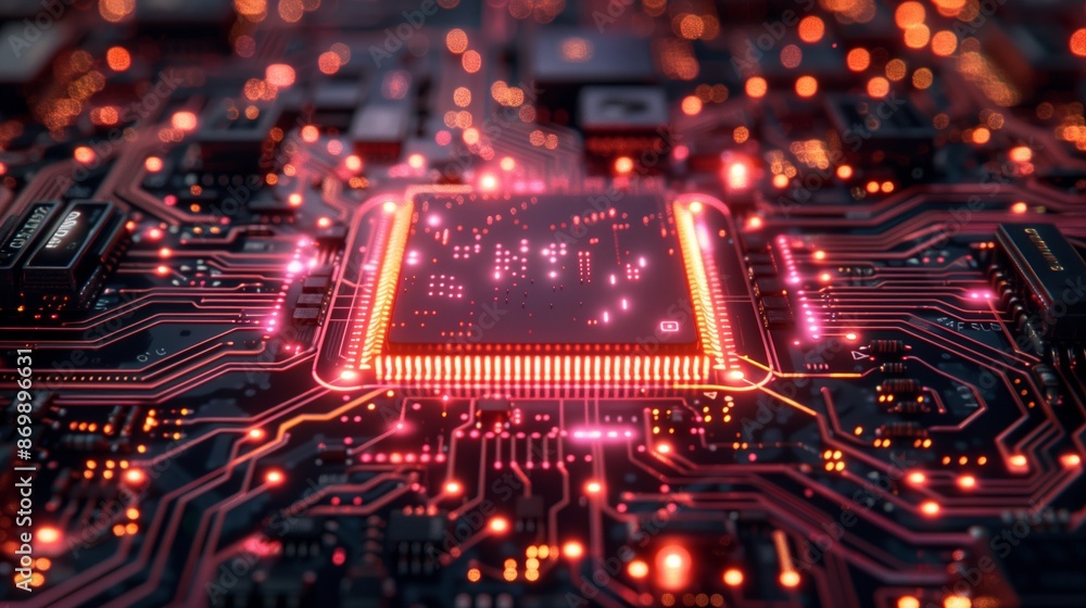 Aufkleber close up of a computer chip glowing red on a circuit board