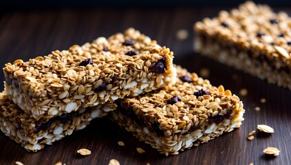 Close-up image of granola bars on a wooden surface. These homemade bars are packed with rolled oats, nuts, and dried fruits, creating a delicious and nutritious snack