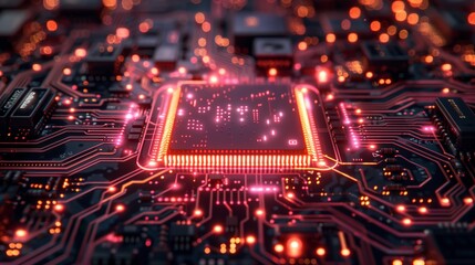 Obraz premium Close Up of a Computer Chip Glowing Red on a Circuit Board
