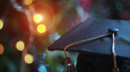 A close up of the tassel and mortarboard on a graduation cap, surrounded by a luminous glow, capturing the essence of graduation in a minimalist, elegant style
