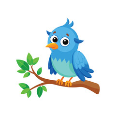 Cartoon blue bird sitting on tree branch vector illustration