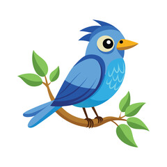 Cartoon blue bird sitting on tree branch vector illustration