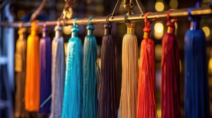 A row of tassels in different colors hanging on a rack, with a soft, elegant glow highlighting their importance in the graduation ceremony