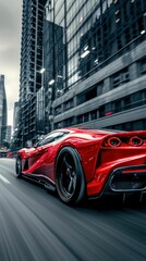 Red Sports Car Driving Through City. Generative ai