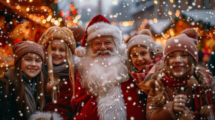 A happy group of children taking pictures with Santa Claus at the Christmas market surrounded by festive decorations and lights on a snowy day.