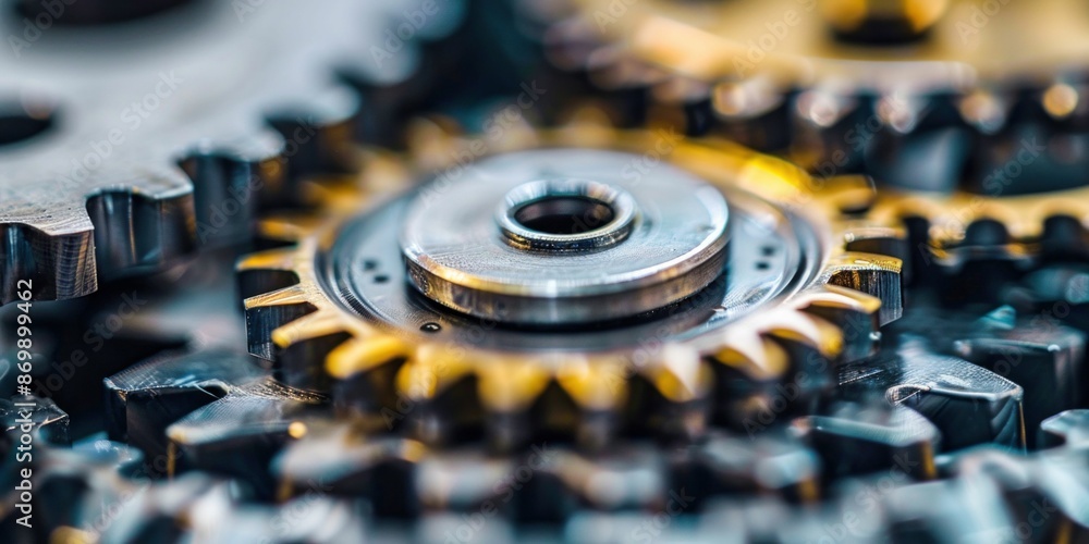 Poster close-up of metal gears and cogs in machinery. generative ai