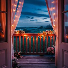 A beautiful photograph of a romantic balcony scene, overlooking a stunning countryside view. The wooden balcony is adorned with flowers and fairy lights, while a gentle breeze rustles the curtains.