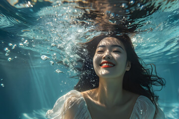 A woman is swimming in the ocean with her hair wet