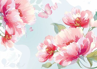Fototapeta premium Elegant Floral Illustration with Butterflies Pastel Pink Flowers Art Design