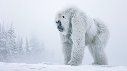 Yeti - abominable snowman in winter mountain scene with copy space