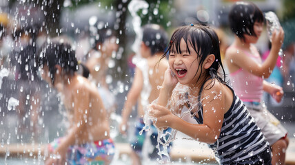 Obraz premium 噴水で遊ぶ日本の子供たち