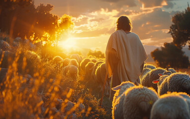 Jesus Christ, wearing a robe, walks with a staff, leading a flock of sheep through a field, illuminated by the warm glow of a setting sun