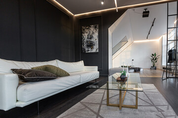 minimalistic stylish interior of luxury apartment with white stylish bedroom and dark living room. modern apartments with an open layout during the day without people and amazing sun rays