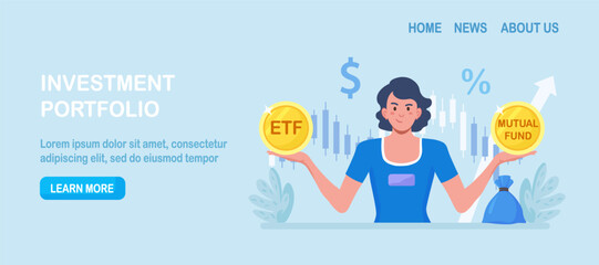 ETF. Exchange traded fund. Index fund or mutual fund. Person investor choosing between investing products. Diversified investment portfolio, wealth management and asset allocation. Money question