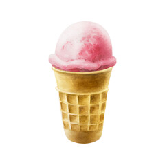 Scoop of strawberry, raspberry ice cream in crispy waffle cone. Hand painting sweet watercolor illustration isolated on background. For designers, menu, shop, decoration, restaurant, for p
