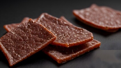 A close-up view of neatly stacked slices of dried meat, showcasing their rich, dark brown color and textured surface