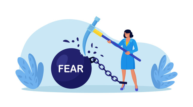 Businessman fighting with fear. Person smashed chained fear ball. Overcome fear, challenge difficulty. Character win over obstacle or difficulty. Confrontation or confidence to defeat fear