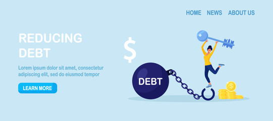 Happy woman with big key. Reduce debt burden. Female borrower opened shackles and got rid of debt. Financial freedom, money management. Loan restructuring. Character freed from monetary obligations