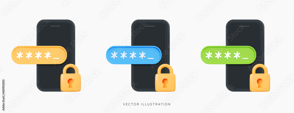 Poster 3d phone with padlock and password. golden lock and pin code entry. security and safety. cyber priva
