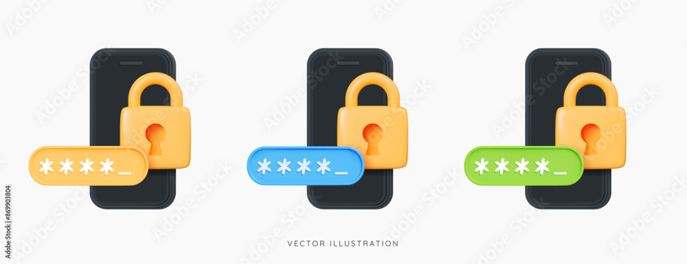 Poster 3d phone with padlock and password. golden lock and pin code entry. security and safety. cyber priva