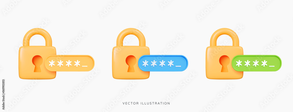 Poster 3d locked padlock with password. golden lock and pin code entry. security and safety. cyber privacy 