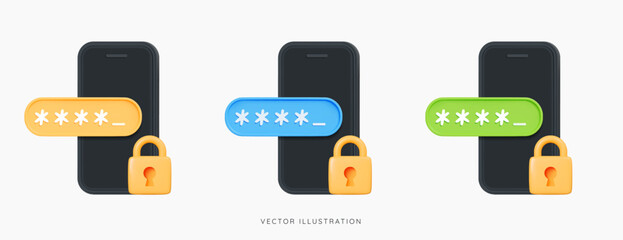 3D Phone with padlock and password. Golden Lock and pin code entry. Security and safety. Cyber Privacy concept. Cartoon creative icon set design for web and app isolated on white background. 3D Vector