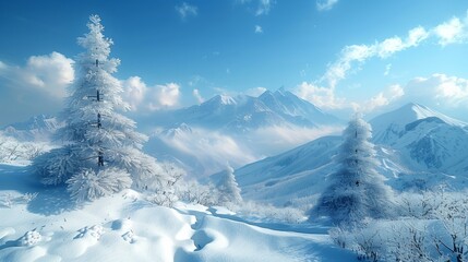 Obraz premium Snow-Covered Mountain Range With Fir Trees Under a Blue Sky